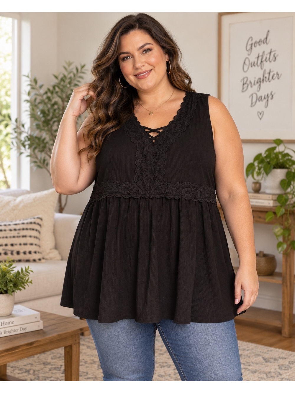 Torrid black lace-up babydoll tank top